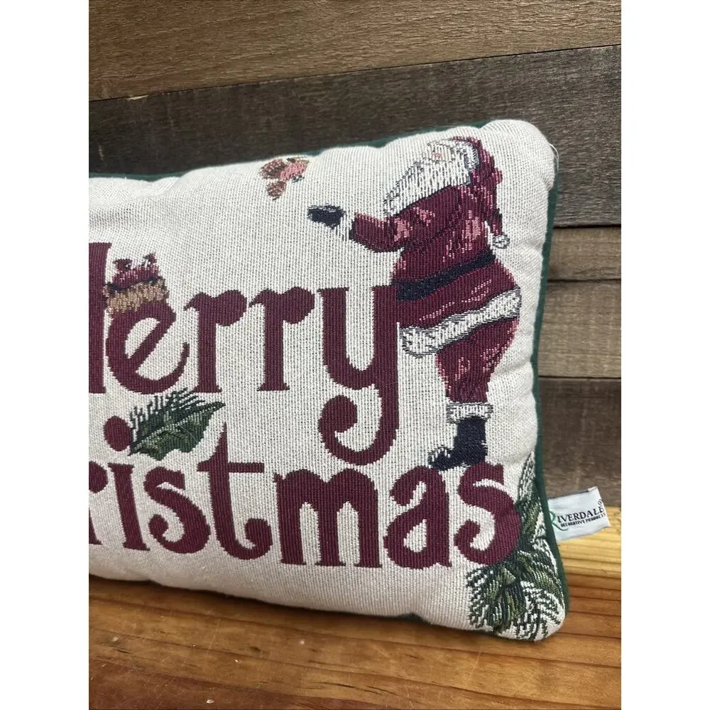 Vintage Merry Christmas Tapestry Throw Pillow Green Back 15x11